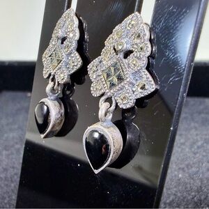 Vintage Art Deco Black Onyx Marcasite and Sterling Silver Dangle Earrings 5.6g